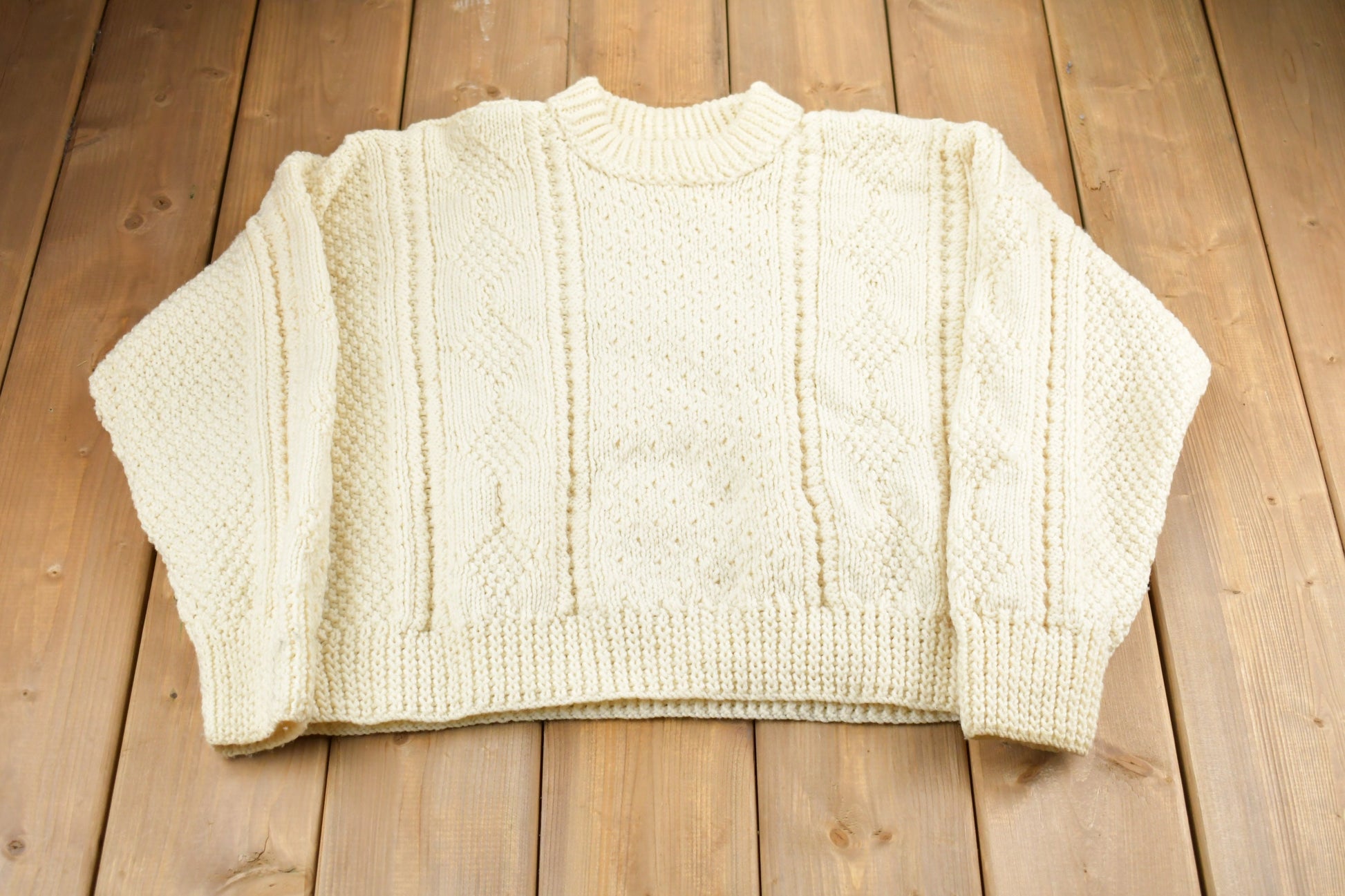 Vintage 1980s Wool Cable Knit Knitted Sweater / Vintage 80s Crewneck / Pattern Sweater / Outdoor / Hand Knit / Pullover Sweatshirt