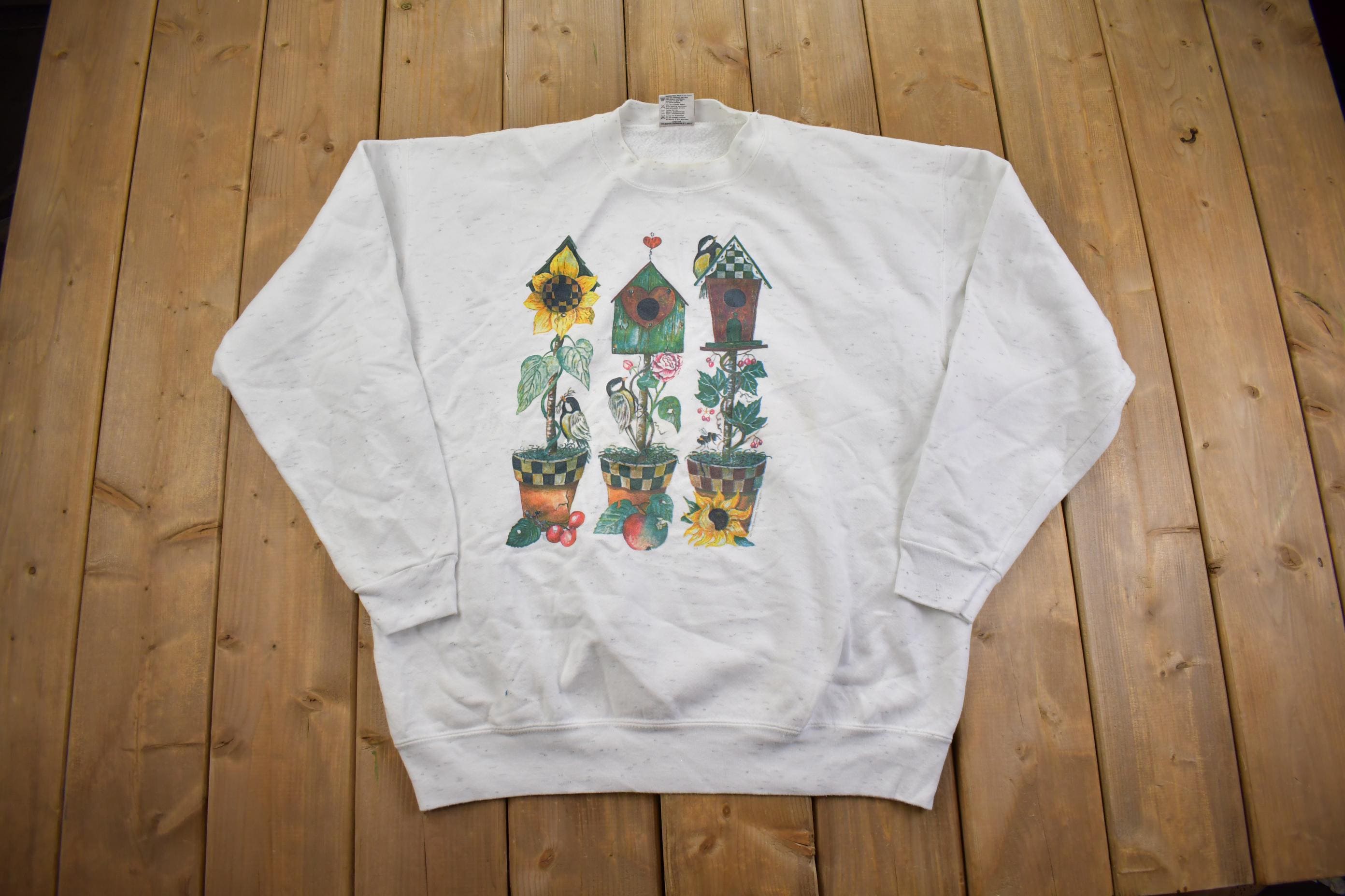Vintage 1990s Cute Potted Plant Grandma Style Crewneck Sweater Made In USA
