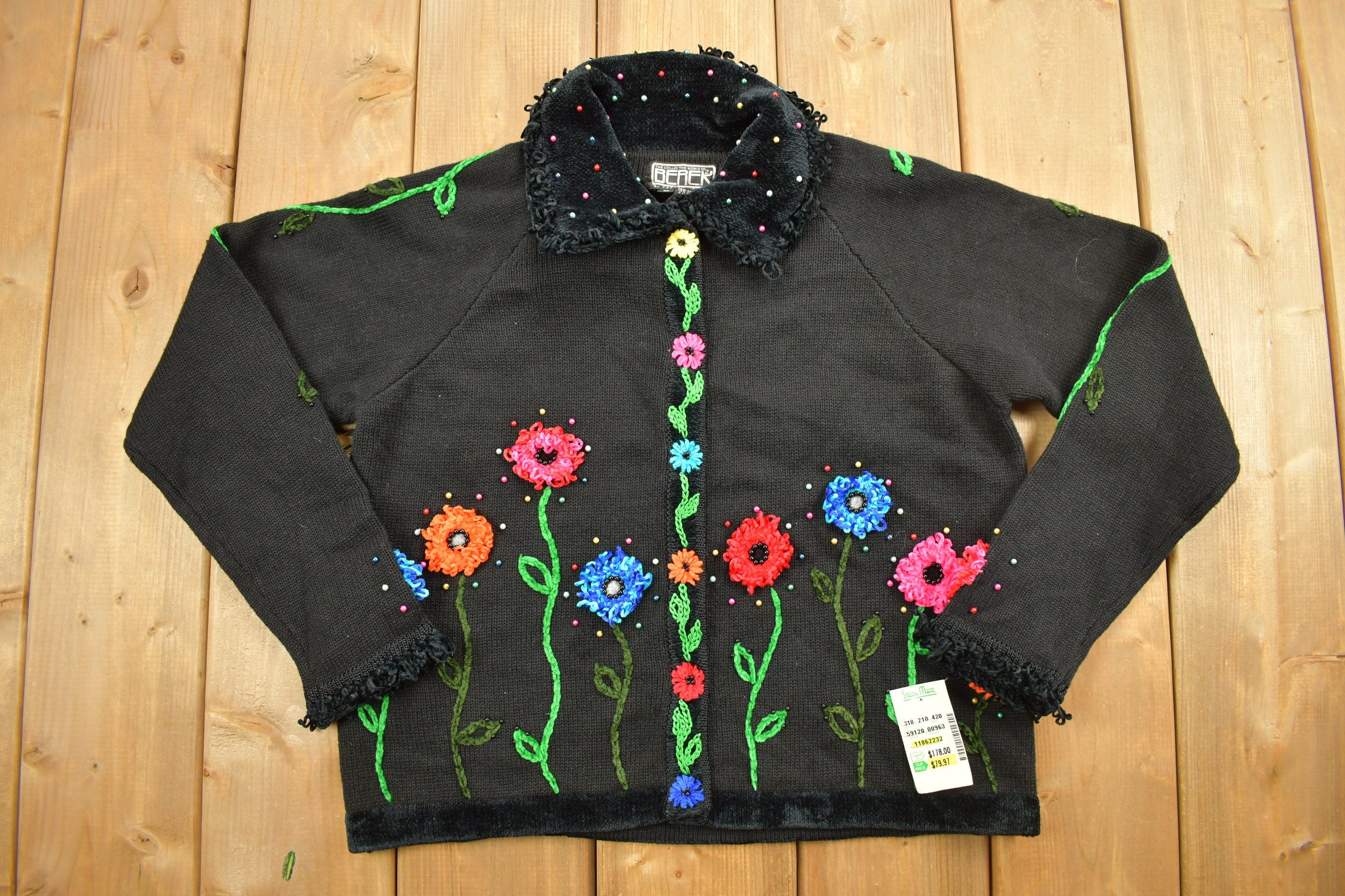 Vintage 1990s Berer Floral Embroidered Knitted Button Up Sweater