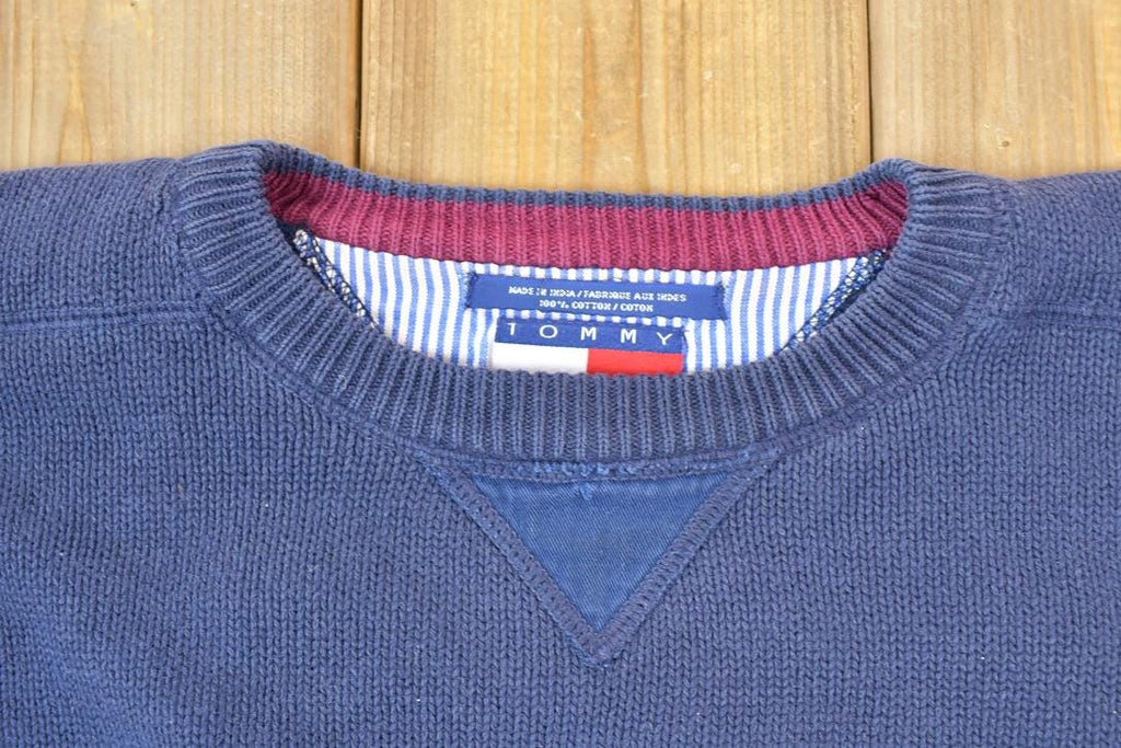 Vintage 1990s Tommy Hilfiger Classic Navy Knit Crewneck Sweater  90s Crewneck  Made In USA  Preppy Crest Logo