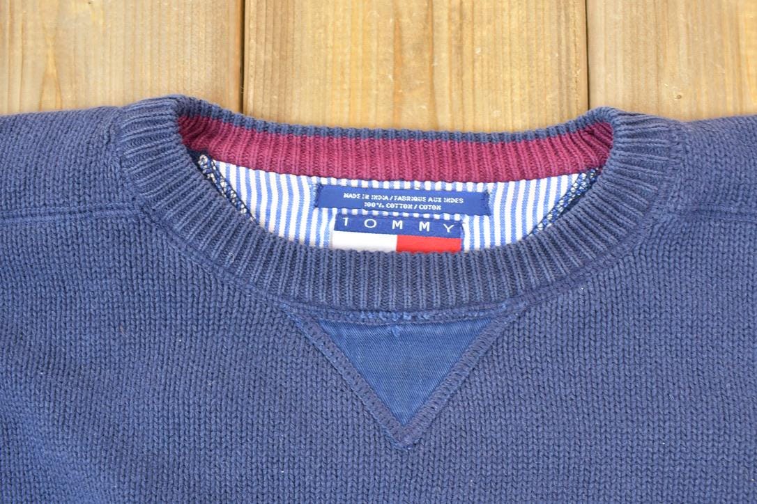 Vintage 1990s Tommy Hilfiger Classic Navy Knit Crewneck Sweater  90s Crewneck  Made In USA  Preppy Crest Logo