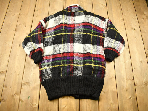 Vintage 1990s Heavy Weight Plaid Cardigan Sweater / Vintage Cardigan / Button Up / Patchwork / Colorful / Made In USA