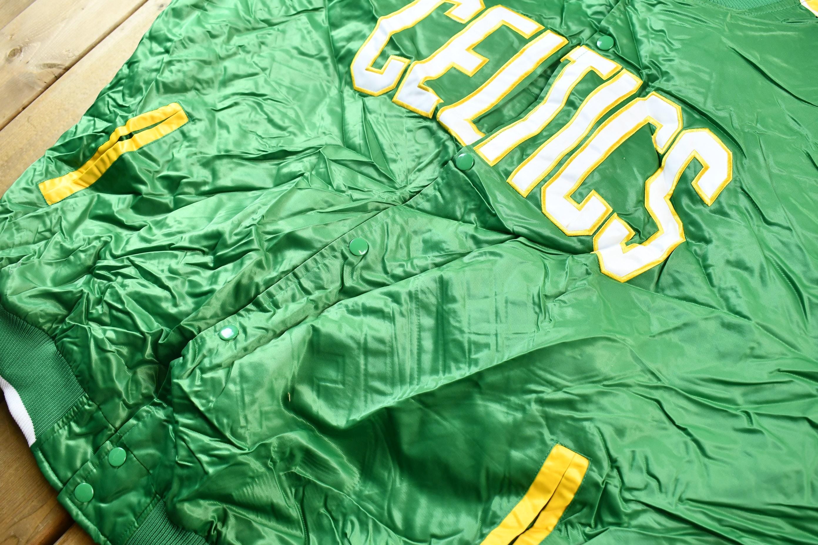 Vintage 1990s Hardwood Classics Boston Celtics NBA Basketball Embroidered Snap Button Satin Bomber Jacket