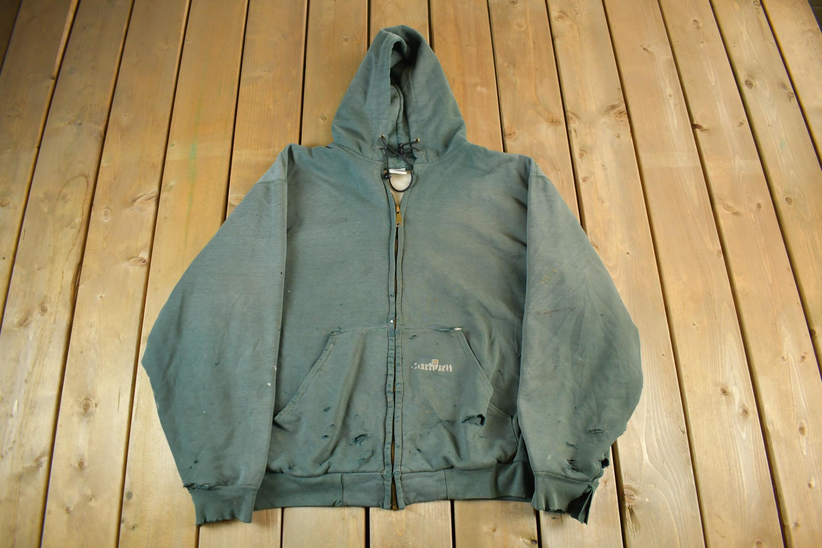 Vintage 1990s Carhartt Thrashed Sun Faded Zip Up Thermal Hoodie Men's 2XL