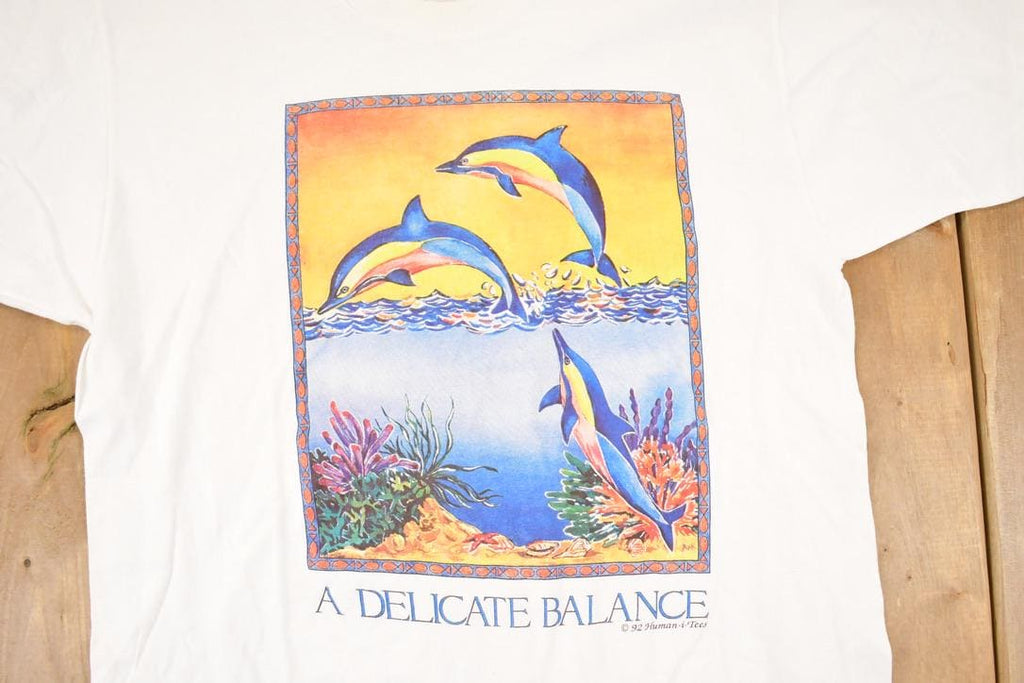 Vintage 1992 Delicate Balance Dolphin Graphic Print Souvenir Ocean T-Shirt Men's M