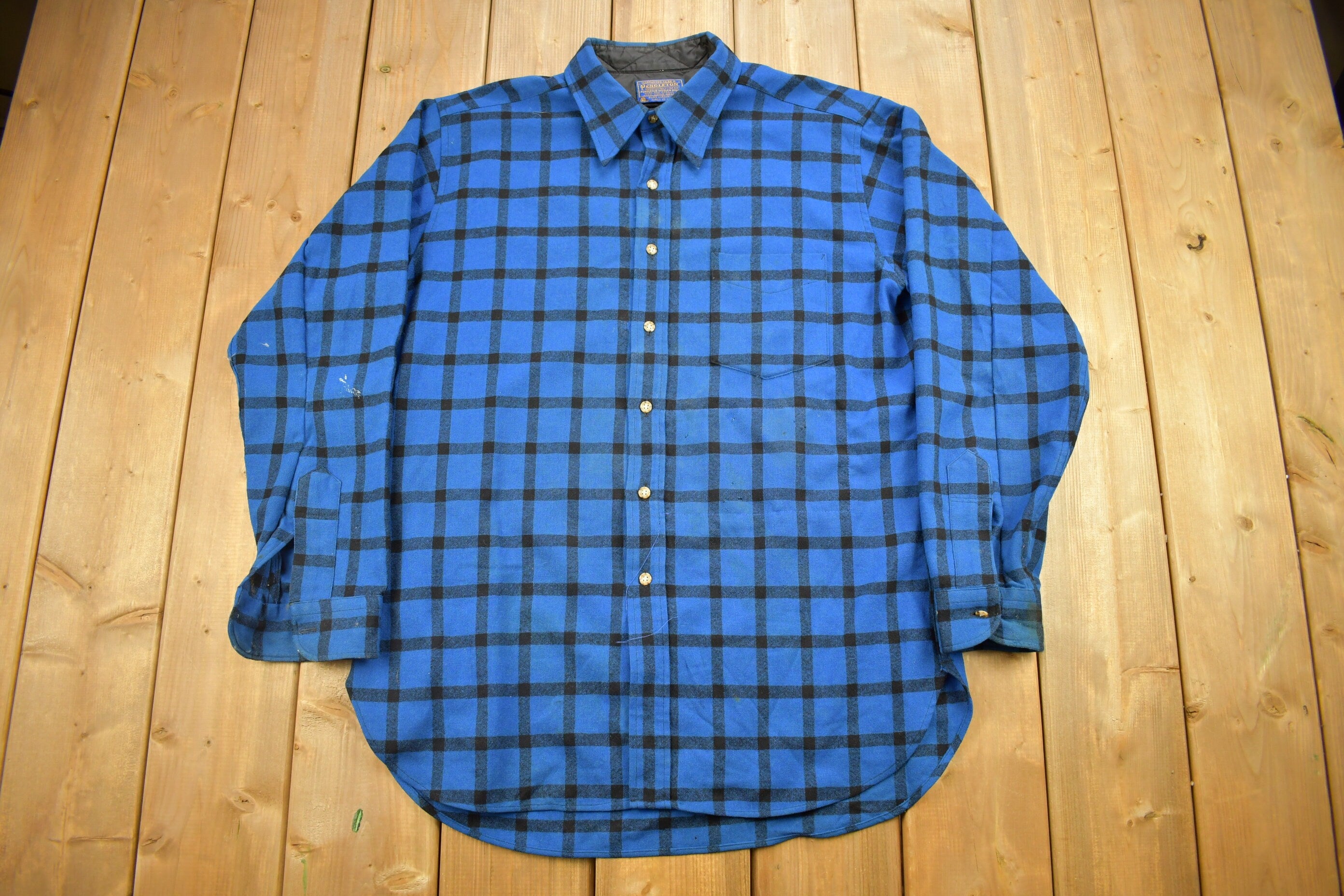 Vintage 1990s Pendleton Blue Plaid Button Up Flannel Board Shirt
