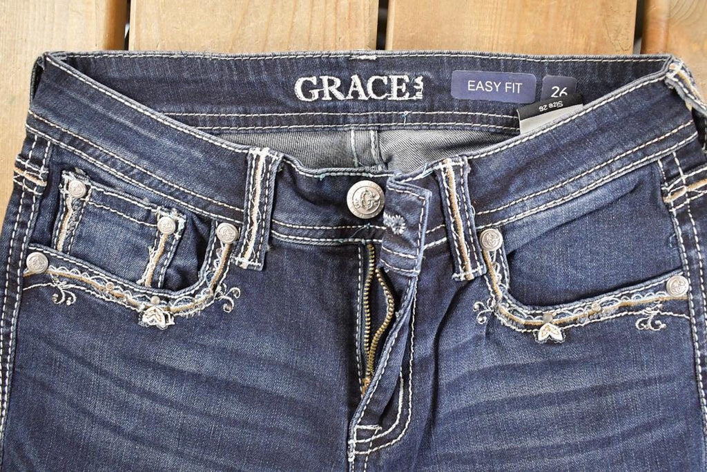 Vintage Deadstock Y2K Grace In LA Bedazzled Bootcut Low Rise Jeans Women's Size 26 x 32