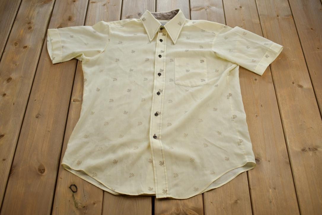 Vintage 1970s Sears Johnny Miller Leaf Patterned Button Up Formal Casual Shirt Made In Canada