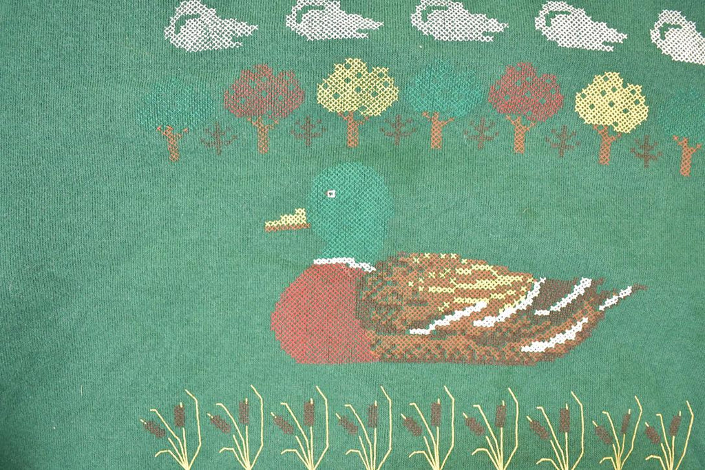 Vintage 1990s Cute Pixel Farm Ducks Graphic Print Crewneck Sweatshirt Men's M