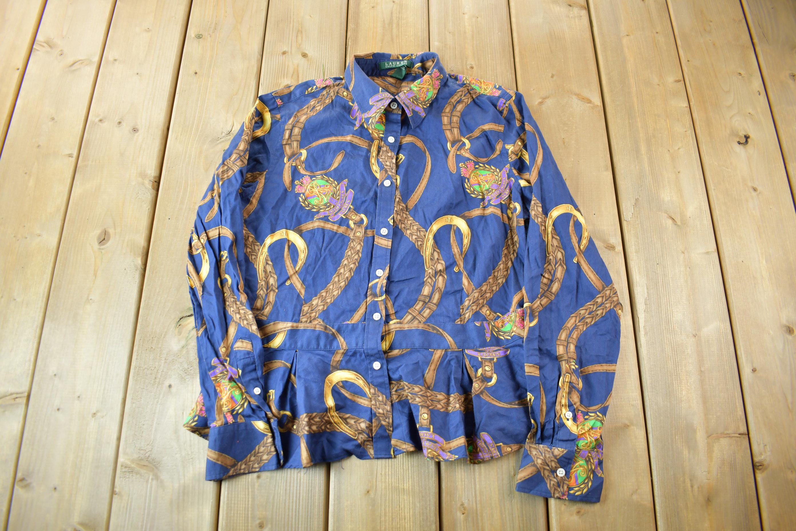 Vintage 1990s Lauren Ralph Lauren Equestrian Theme All Over Print Women's Blouse