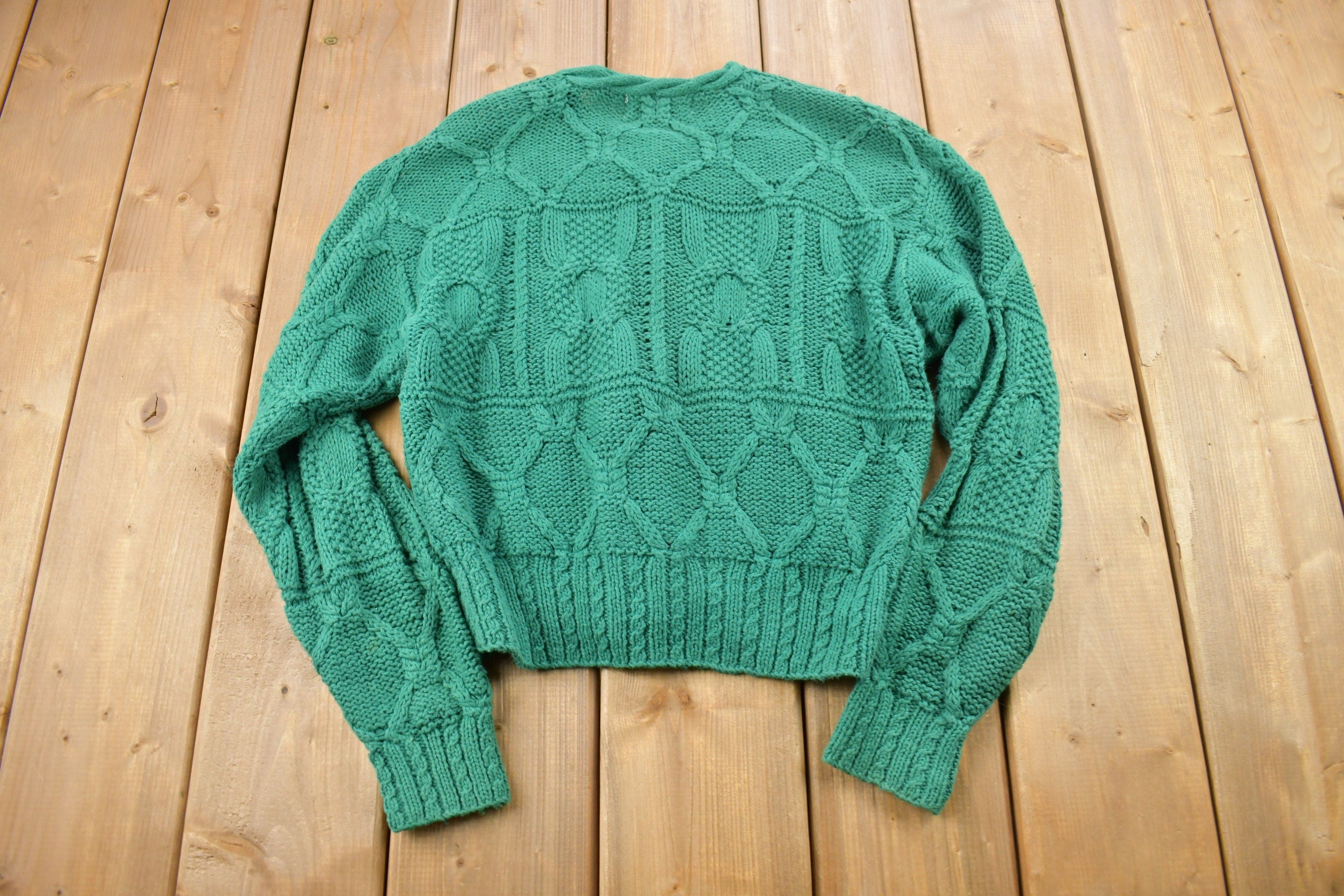 Vintage 1990s Cambridge Spirit Women's Green Cable Knit Cardigan Sweater