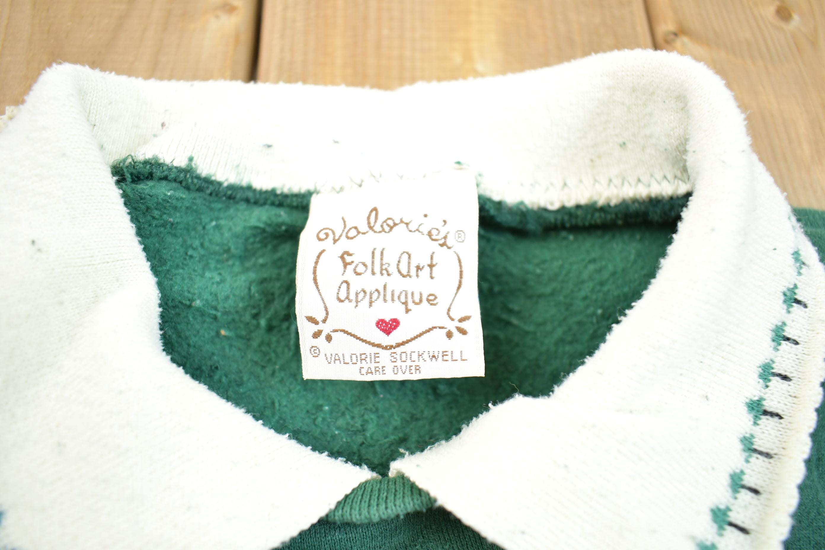 Vintage 1990s Folk Art Applique Christmas Time Embroidered Collard Crewneck Sweatshirt Made In USA