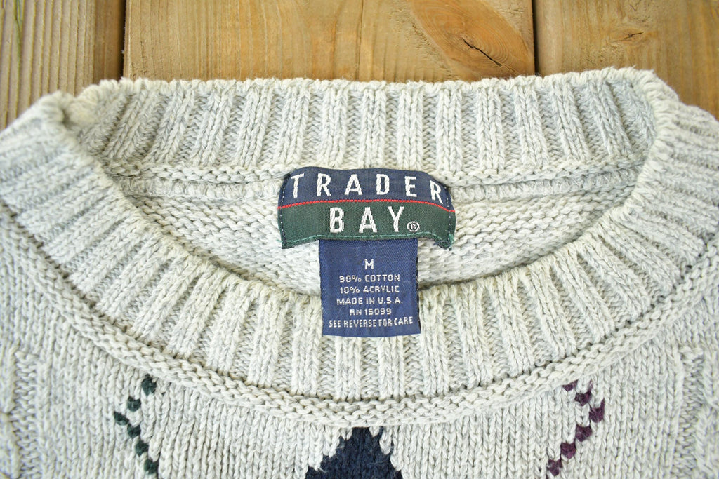 Vintage 1990s Trader Bay Knit Argyle Pattern Crewneck Sweater Mens Medium