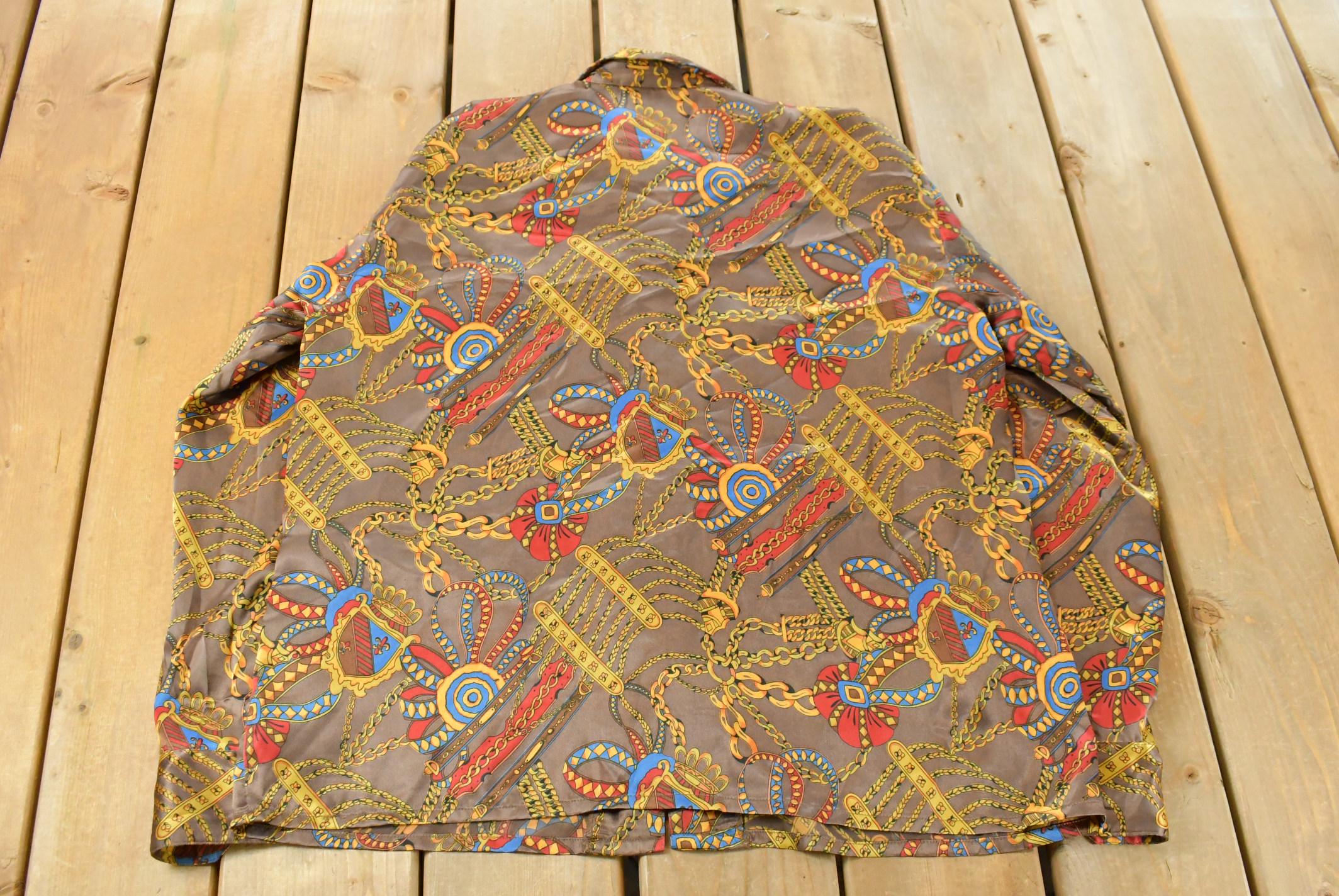 Vintage 1990s Marcella Silk Style Button Up Shirt Women's XL / 90s Shirt / Abstract Pattern / Casual Shirt / All Over Print