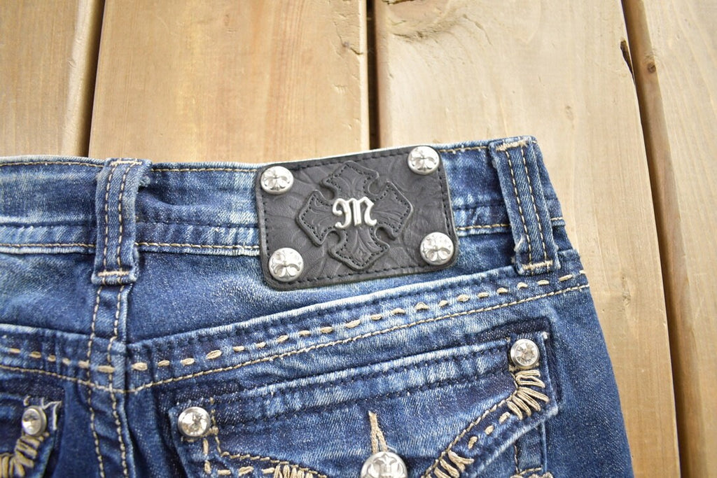 Vintage Y2K Miss Me Thrashed Bedazzled Cowgirl Western Boot Cut Low Rise Jeans Size 26x33
