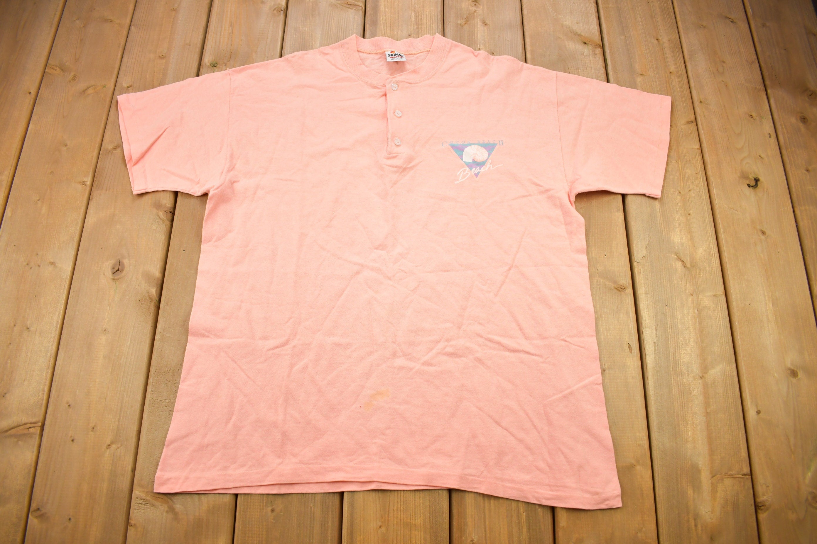 Vintage 1990s Cocoa Beach Graphic Souvenir Henley T Shirt