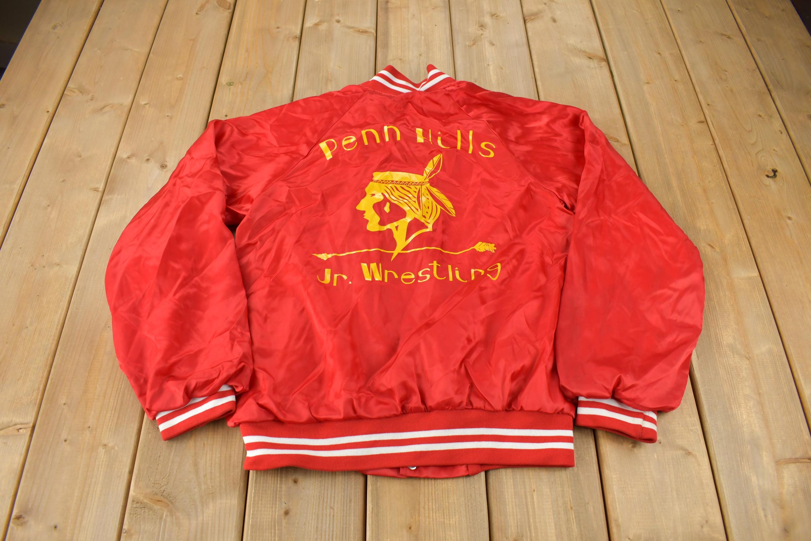 Vintage 1980s Penn Hills Jr. Wrestling Snap Button Satin Jacket Made In USA