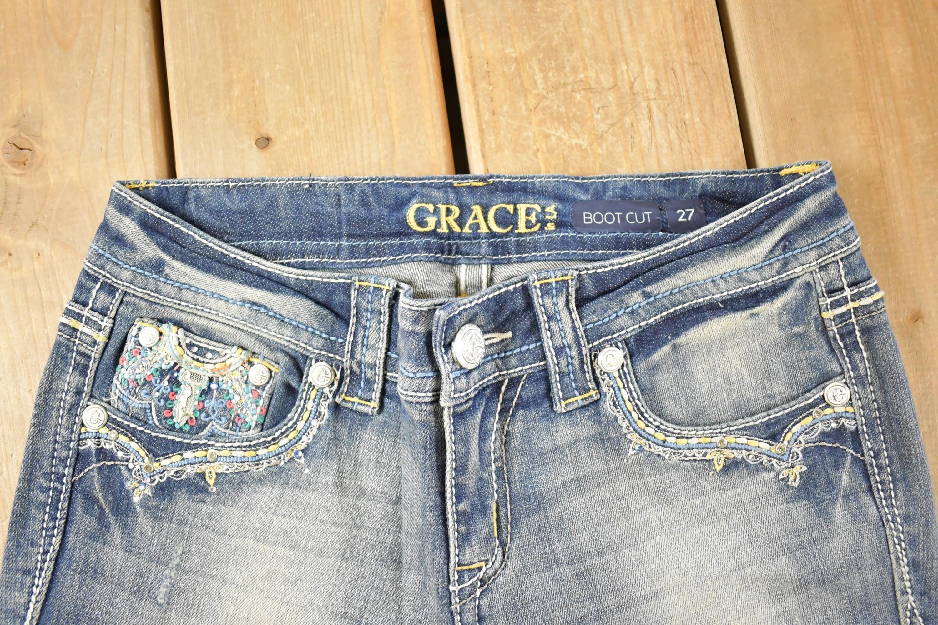 Vintage Deadstock Y2K Grace In LA Bedazzled Low Rise Jeans Women's Size 27 x 32