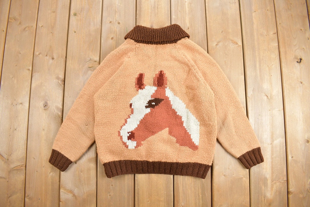 Vintage 1960s Horse Cowichan Knit Cardigan Sweater