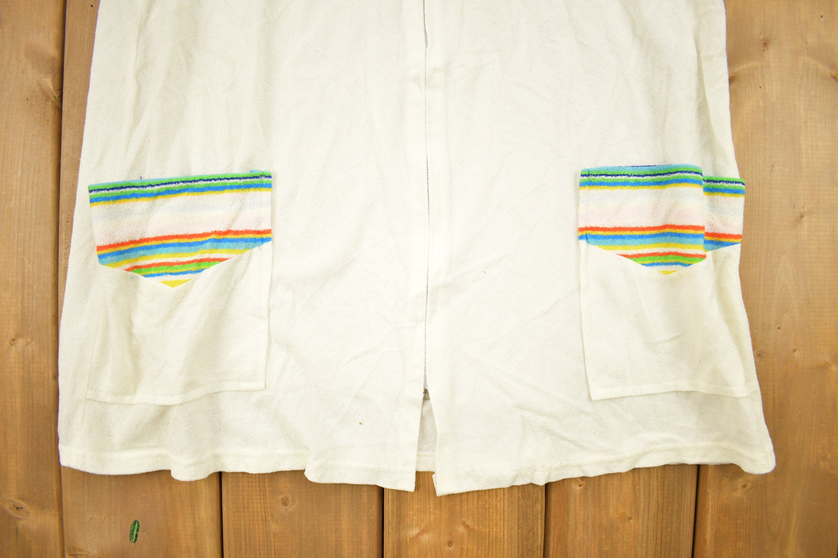 Vintage 1990s Terry Cloth Patchwork Striped Zip Up Hoodie