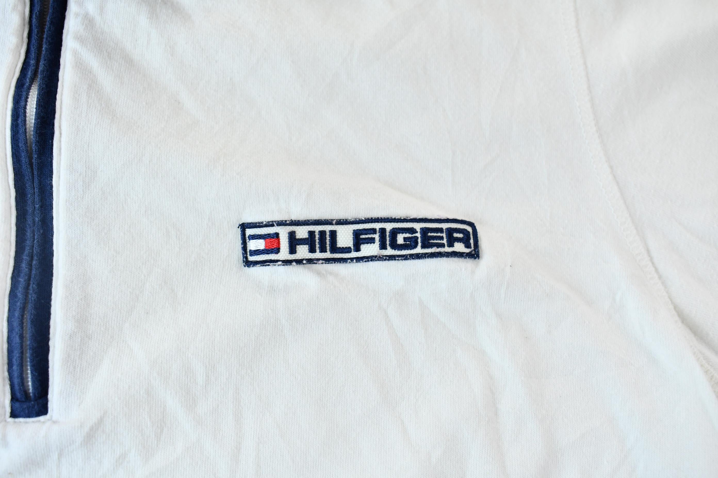 Vintage 1990s Tommy Hilfiger Women's Red White and Blue Zipper Polo Shirt