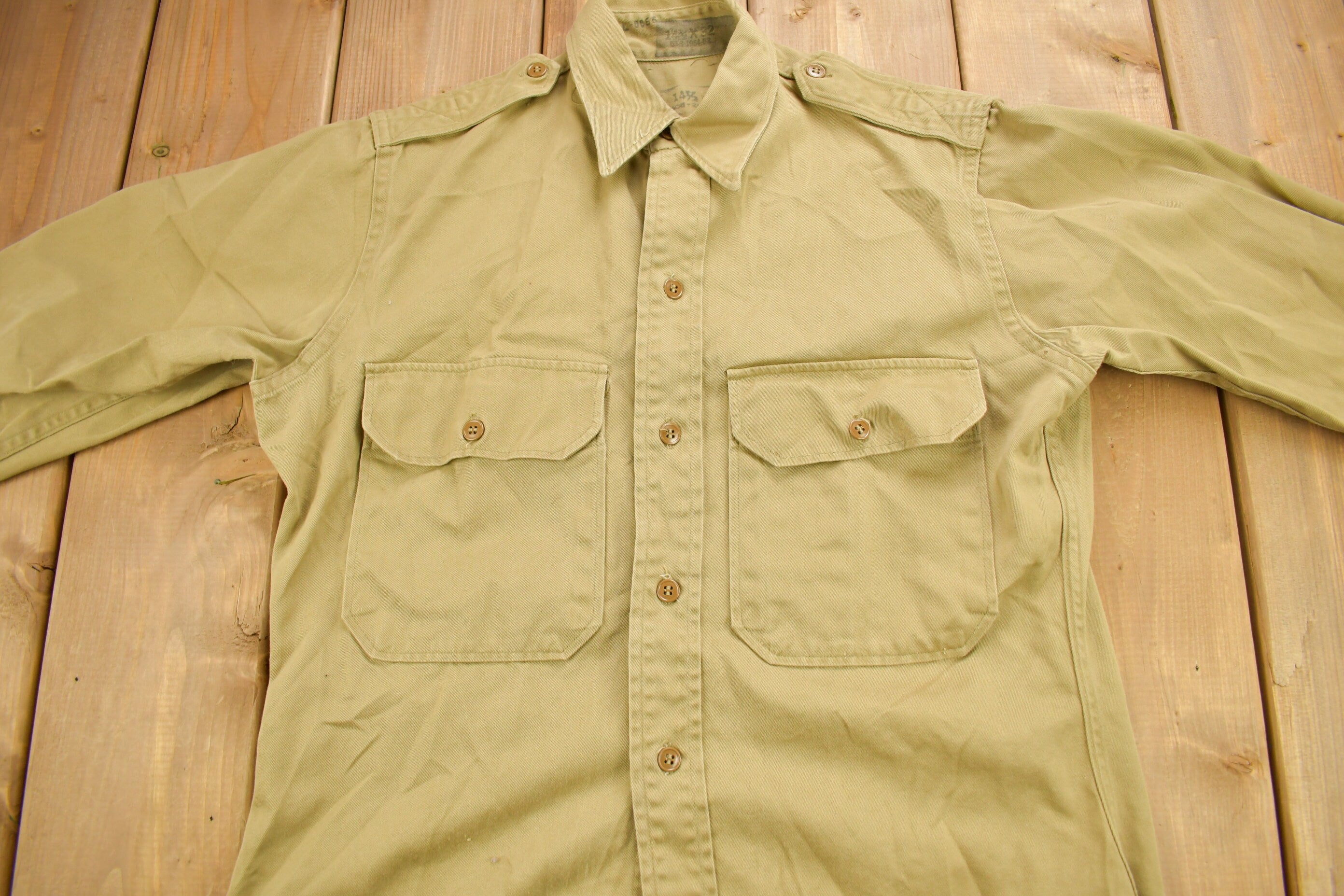 Vintage 1952 Military Khaki-1 Stand-Up Collar Button Up Shirt