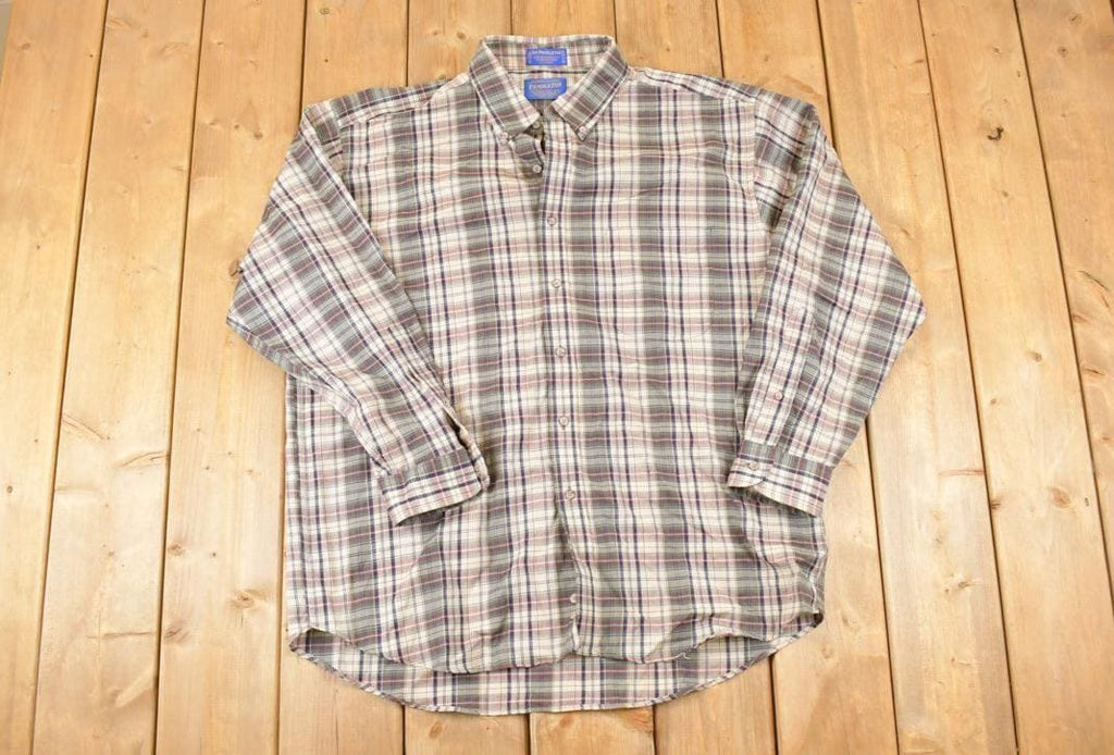 Vintage 1990s Pendleton Plaid Wool Button Up Shirt Men's XL / Funky Crazy Pattern / Preppy Style / Boxy Fit