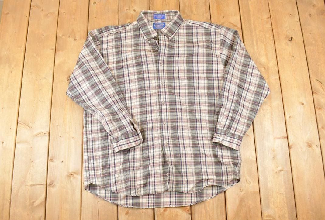 Vintage 1990s Pendleton Plaid Wool Button Up Shirt Men's XL / Funky Crazy Pattern / Preppy Style / Boxy Fit