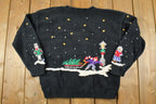 Vintage 1990s Northern Isles Christmas Town Button Up Cable Knit By Hand Crewneck Sweater