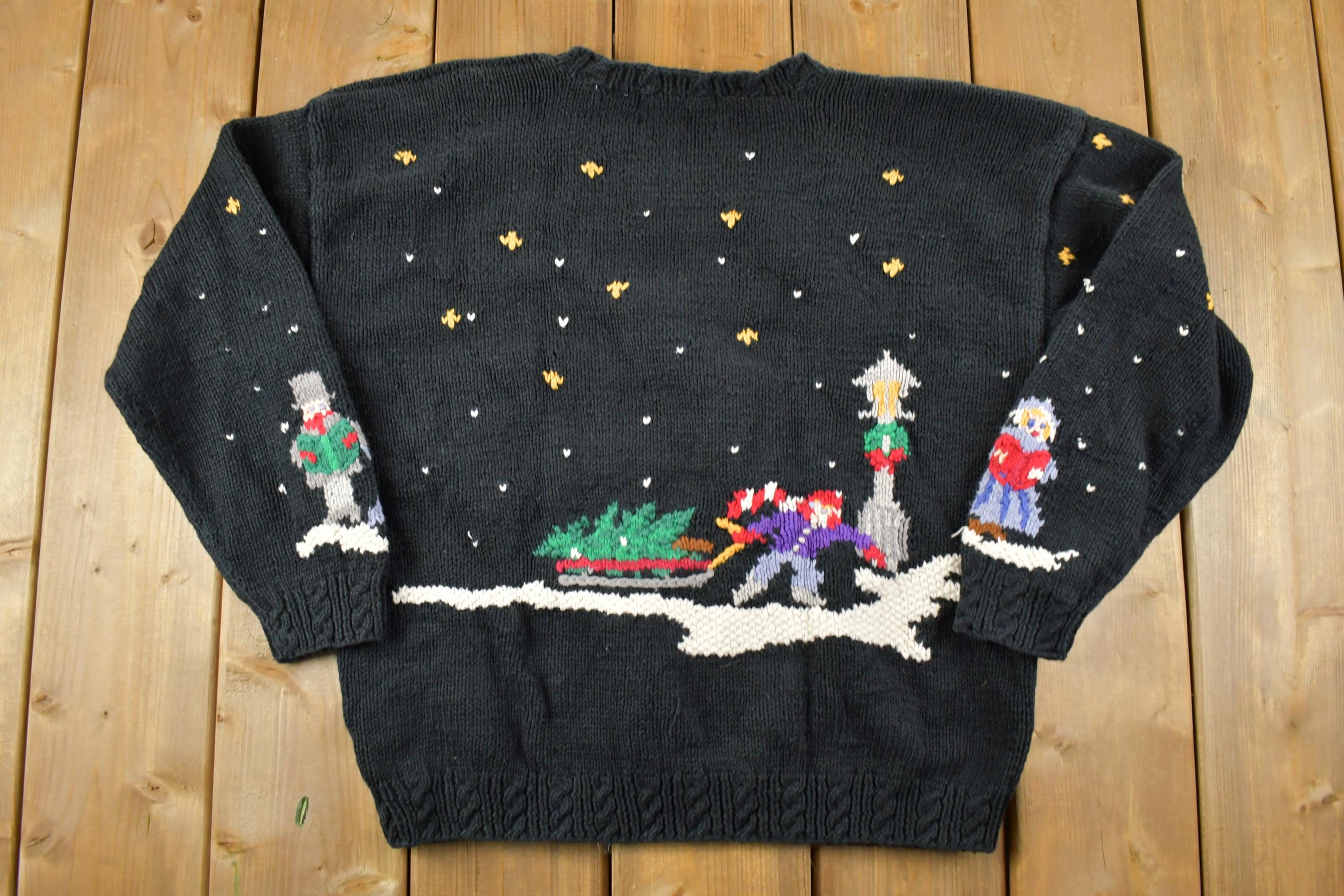 Vintage 1990s Northern Isles Christmas Town Button Up Cable Knit By Hand Crewneck Sweater