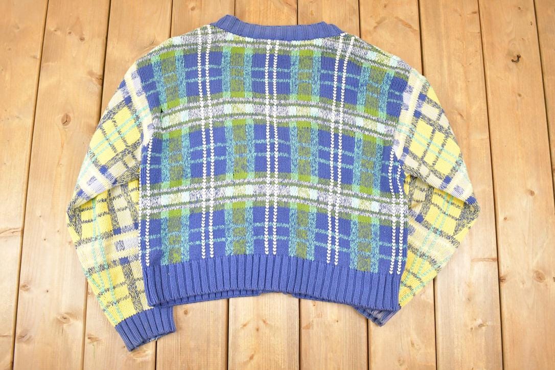 Vintage 1990s Liz Sport Abstract Plaid Knit Cardigan Sweater Women's L