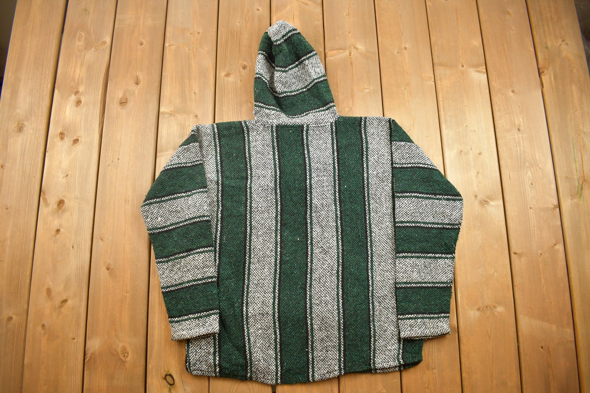 Vintage 1990s Chavitos Baja Hooded Pullover Striped Knit Poncho Blanket Hoodie