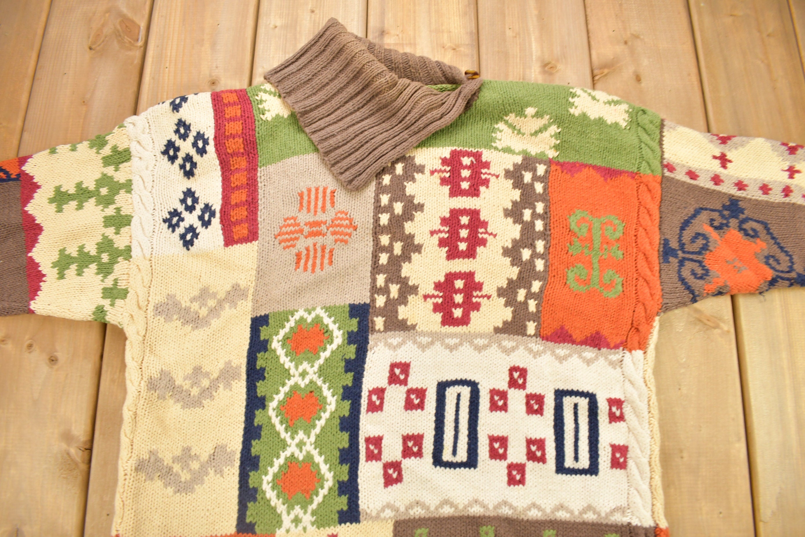 Vintage 1990s Hunt Club Fall Colourway Patch Work Pattern Knitted Crewneck Sweater