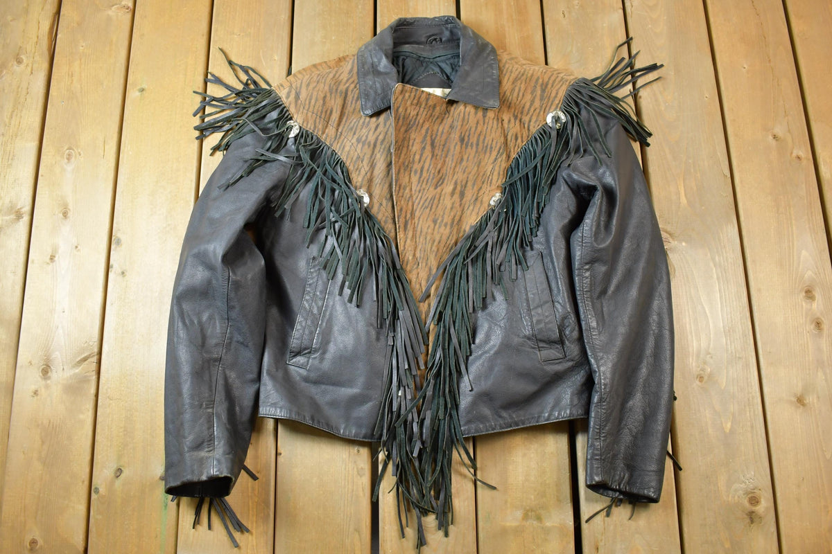 Vintage 1990s Bermans Leather Frills Tassel Animal Print Wild Print Motorcycle Jacket Made In USA