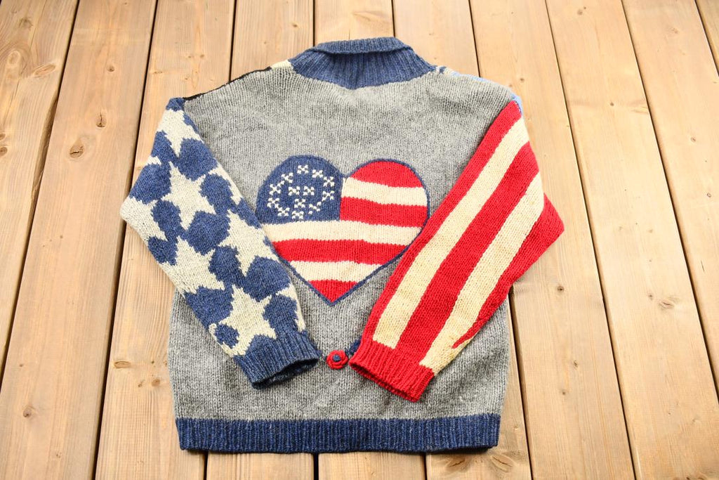 Vintage 1989 Eagles Eye 100% Wool Unique Textured American Flag and Granny Square Patchwork Knit Cardigan Sweater