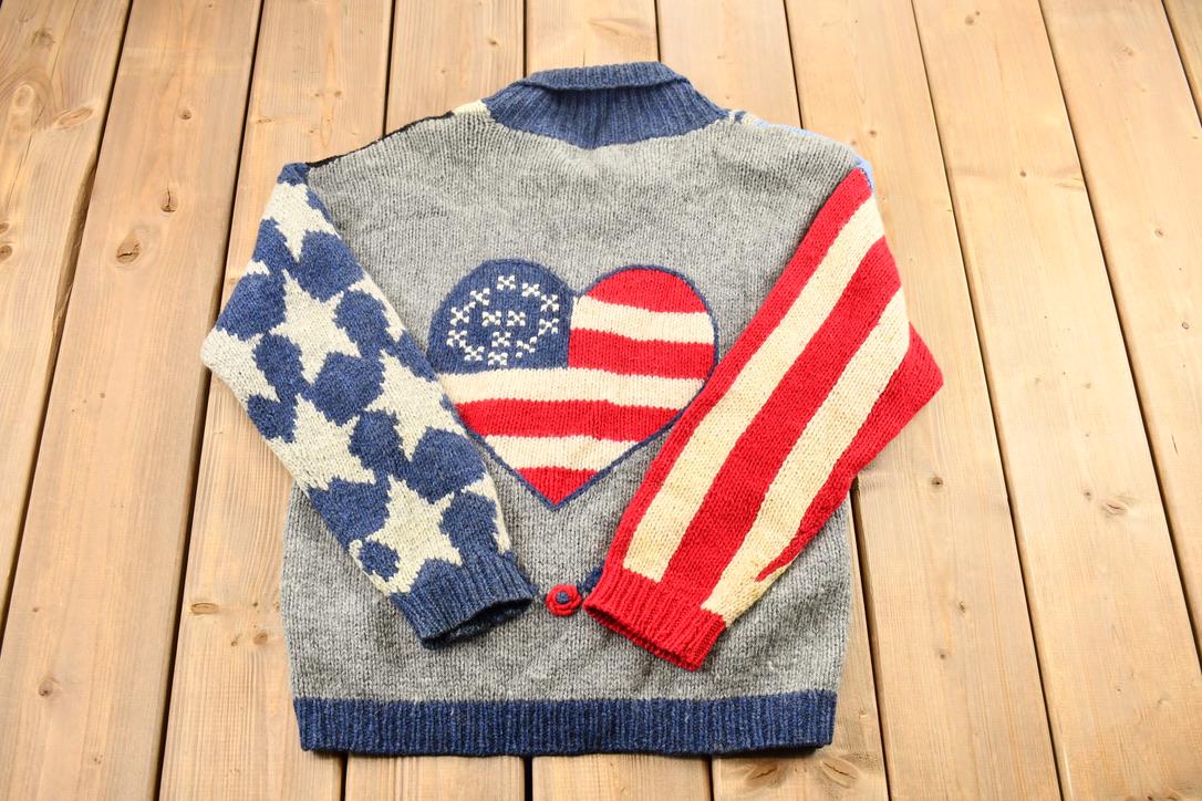 Vintage 1989 Eagles Eye 100% Wool Unique Textured American Flag and Granny Square Patchwork Knit Cardigan Sweater