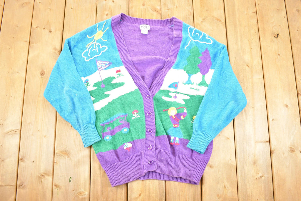 Vintage 1990s Koret Sport AOP Golfing Abstract Knit Cardigan Sweater Women's M