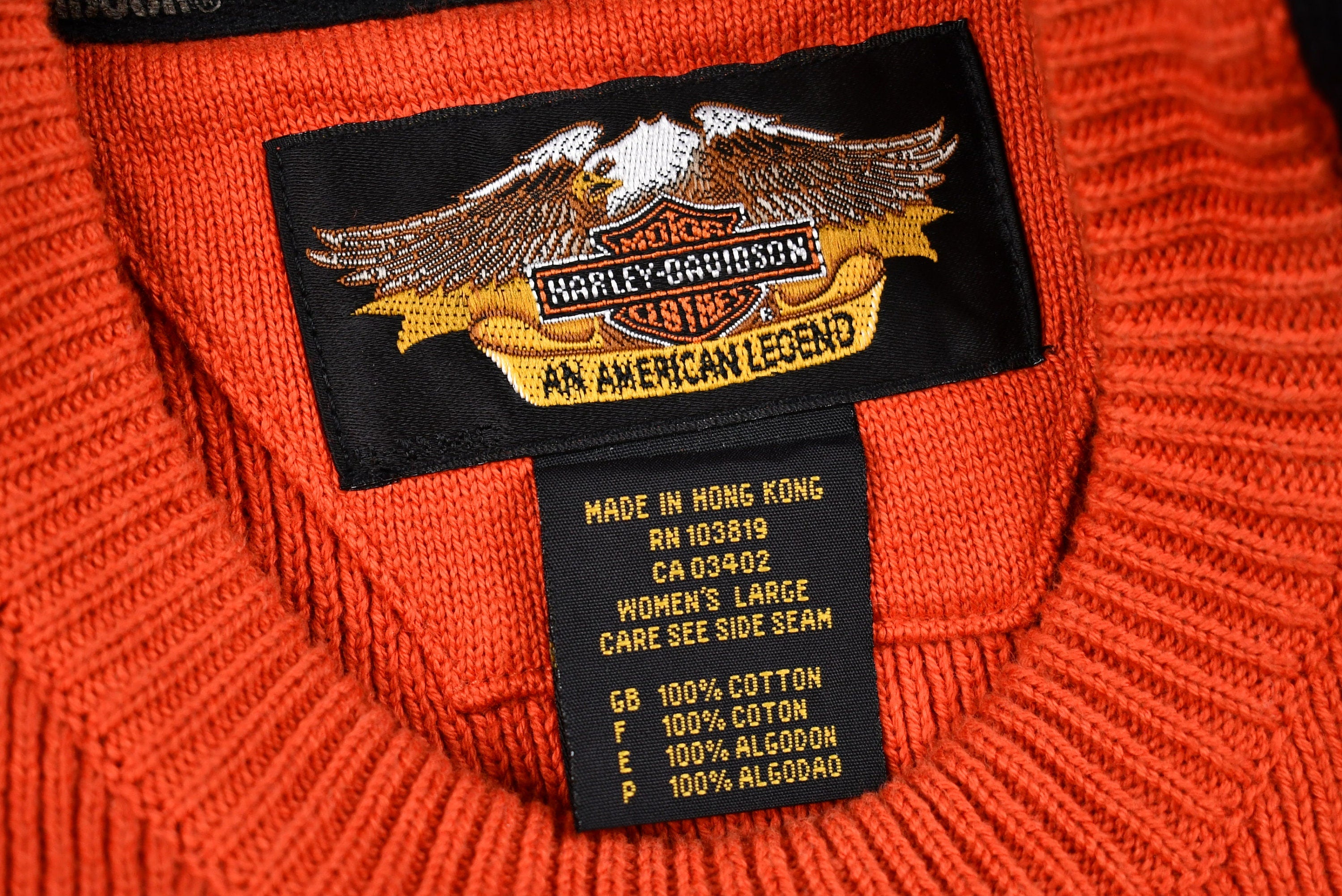 Vintage 1990s Orange Harley Davidson Motorcycles Knit Sweater / 90s Graphic Biker / Streetwear Fashion / Retro / Vintage Sweater