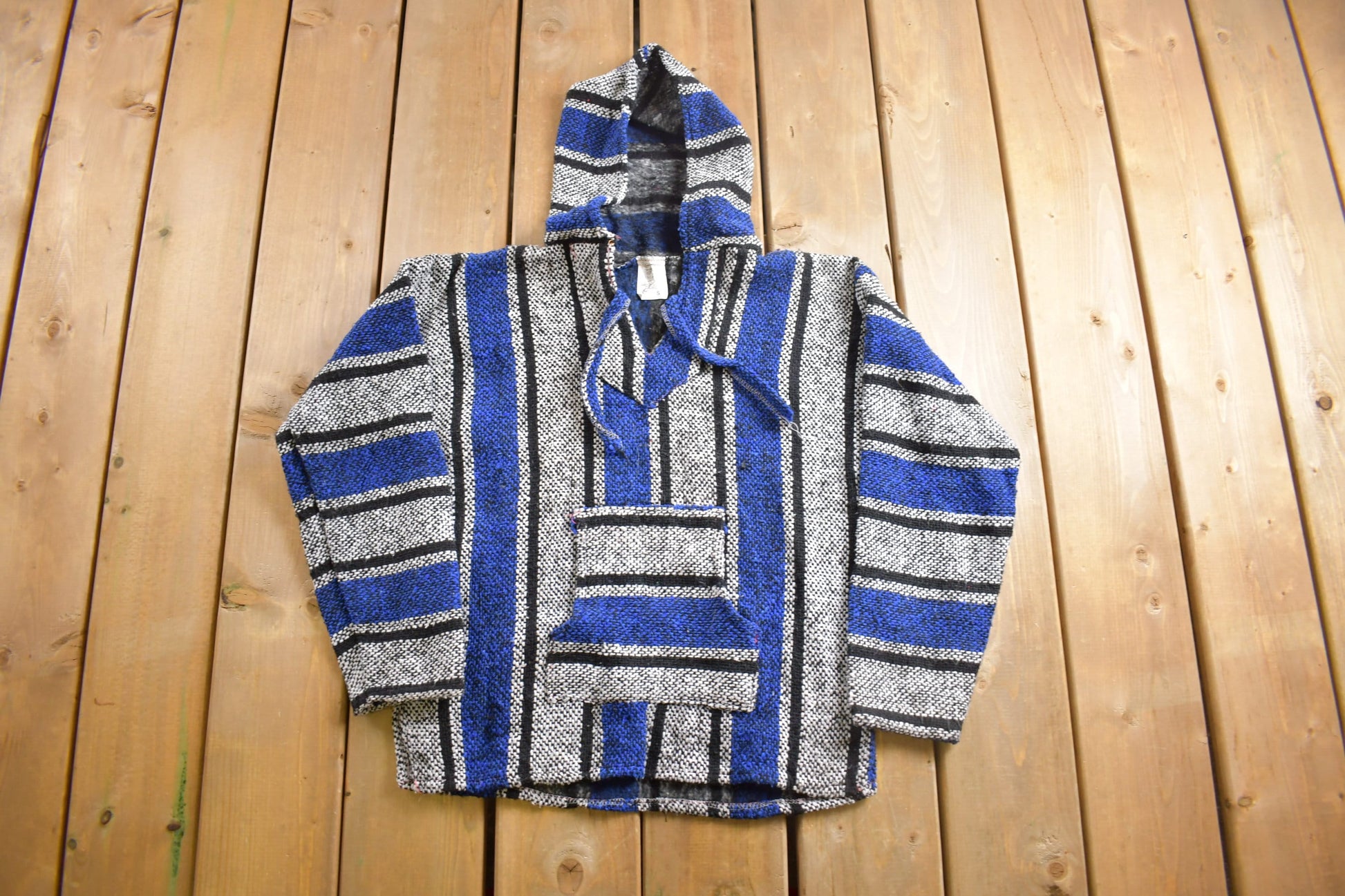 Vintage 1990s Chavitos Baja Hooded Pullover Striped Knit Poncho Blanket Hoodie