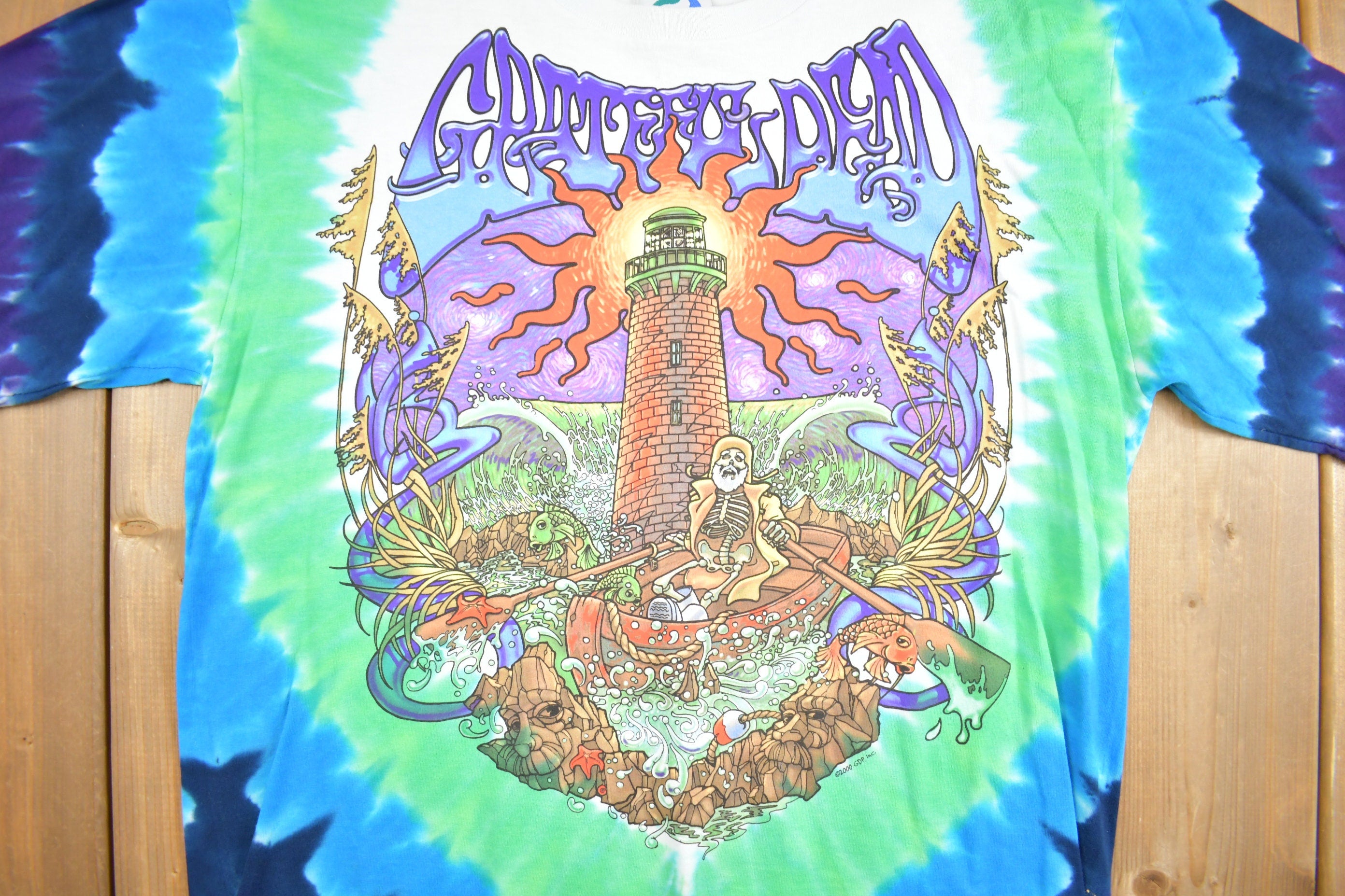Vintage 2000 Grateful Dead Lighthouse Tie Dye Liquid Blue Band T Shirt