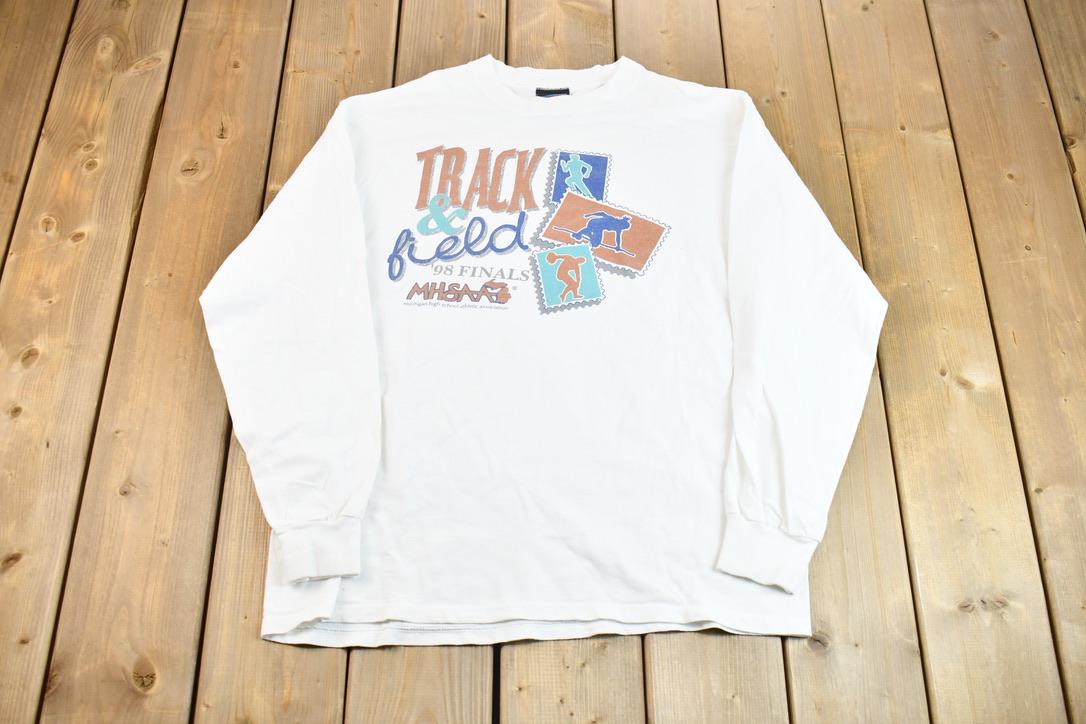 Vintage 1998 MHSAA Track and Field Finals Long Sleeve Postage Stamp Graphic T-Shirt