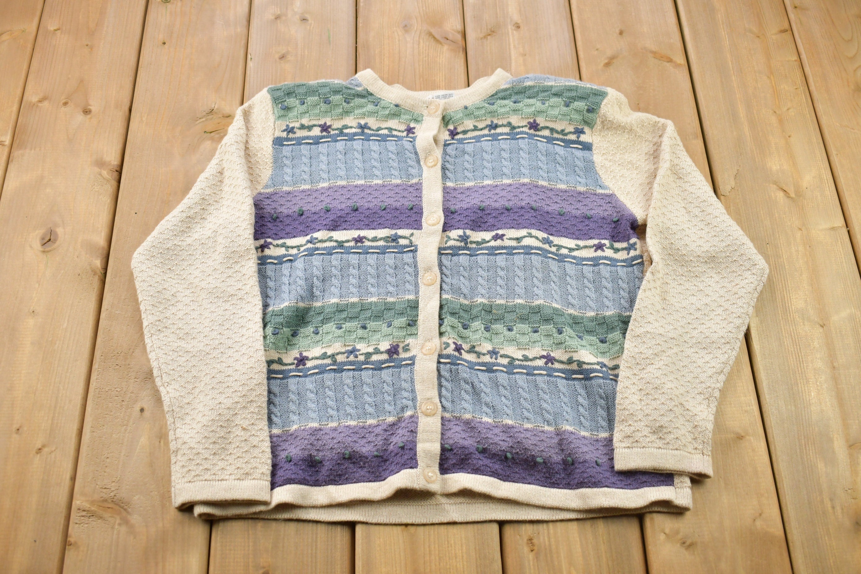 Vintage 1990s Patterned Knitted Button Up Sweater