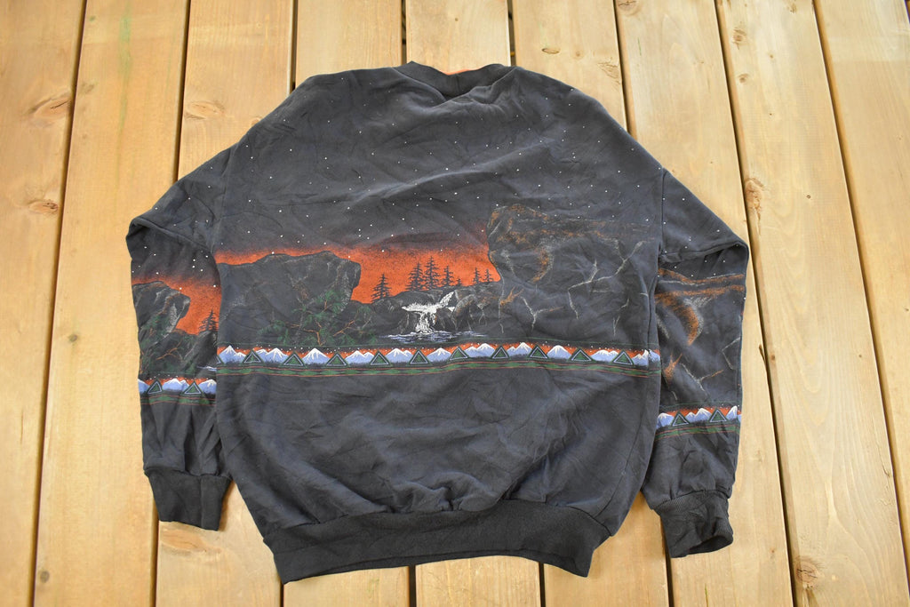 Vintage 1990s Wolf Nature All Over Print Double Collar Crewneck Sweatshirt Men's Small
