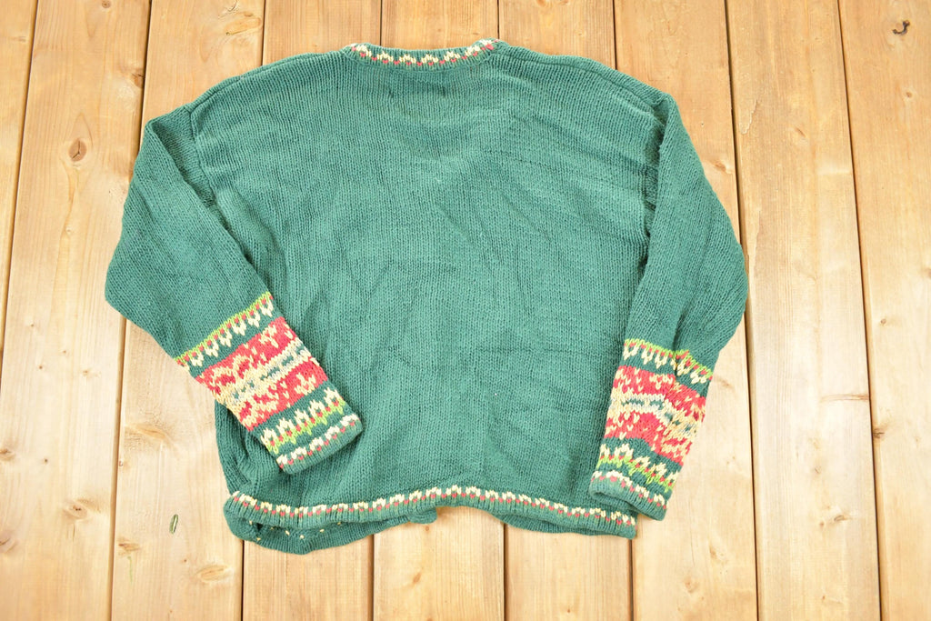 Vintage 1990s Tiara Petits AOP Abstract Holiday Chunky Knit Cardigan Sweater Mens L  Preppy Knit Cardigan