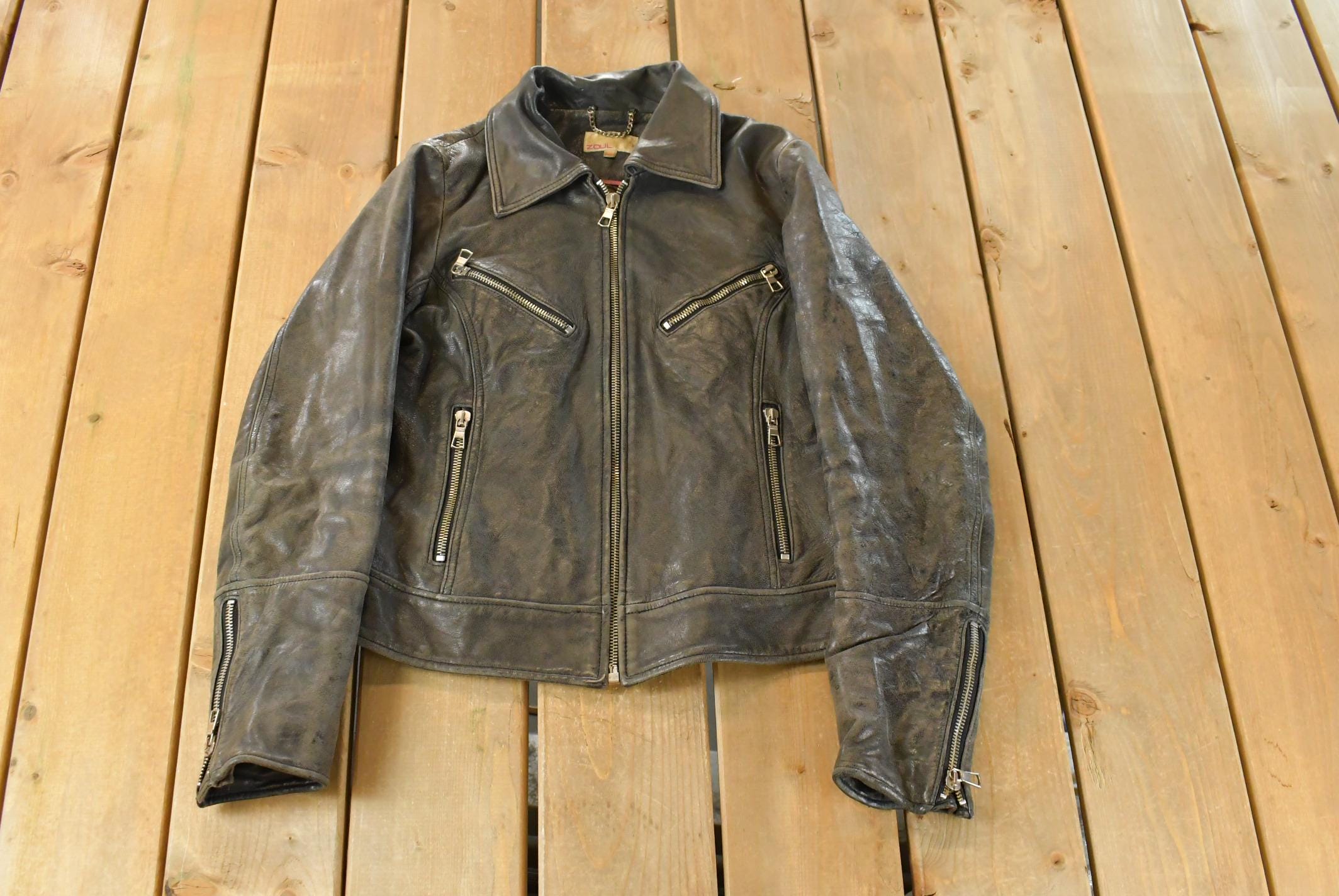 Vintage Y2K Zoul Washed Leather Biker Jacket Women's Small