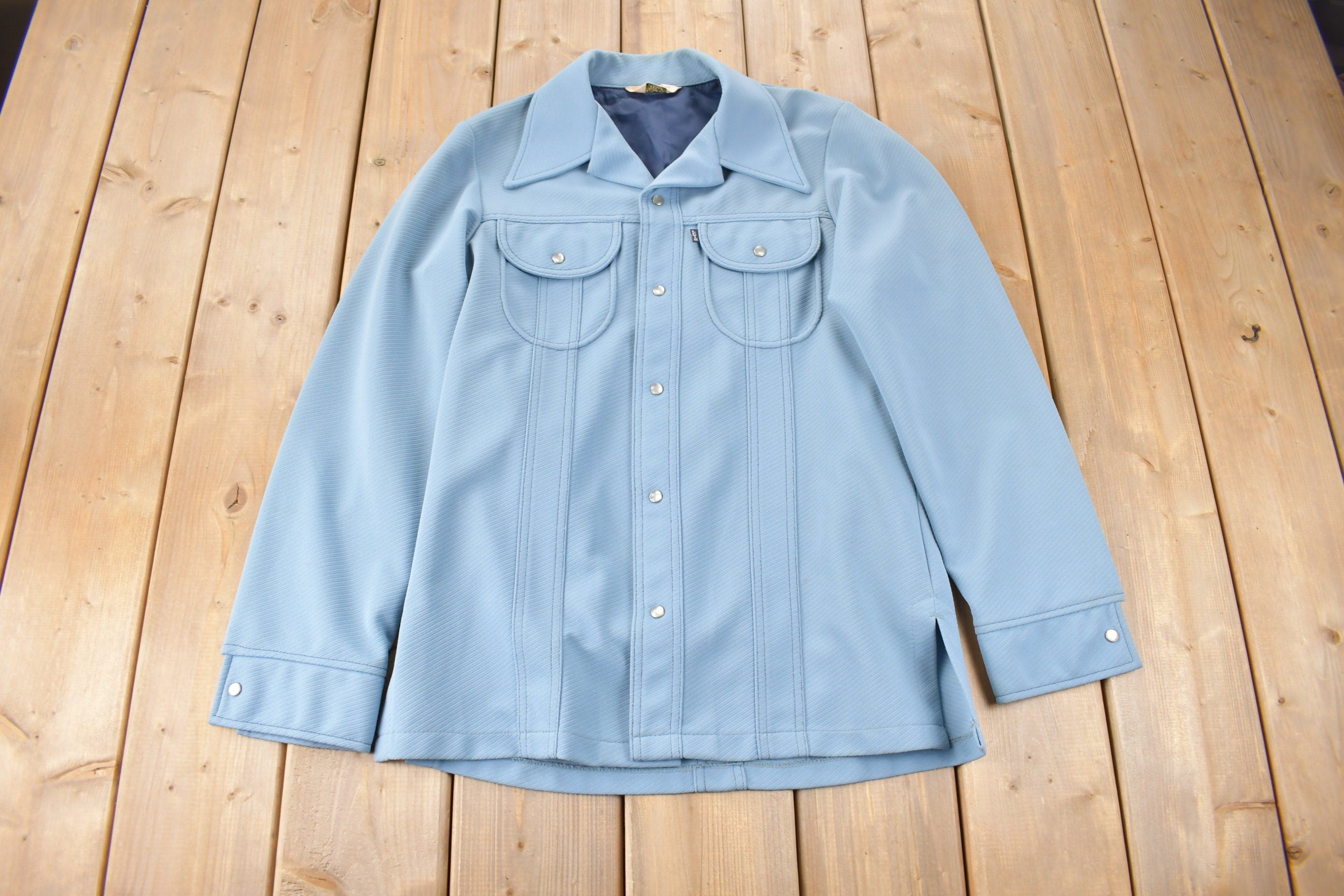 Vintage 1970s Levi's Blue Tab Big E Western Style Pearl Snap Button Up Shirt Made in USA Size M