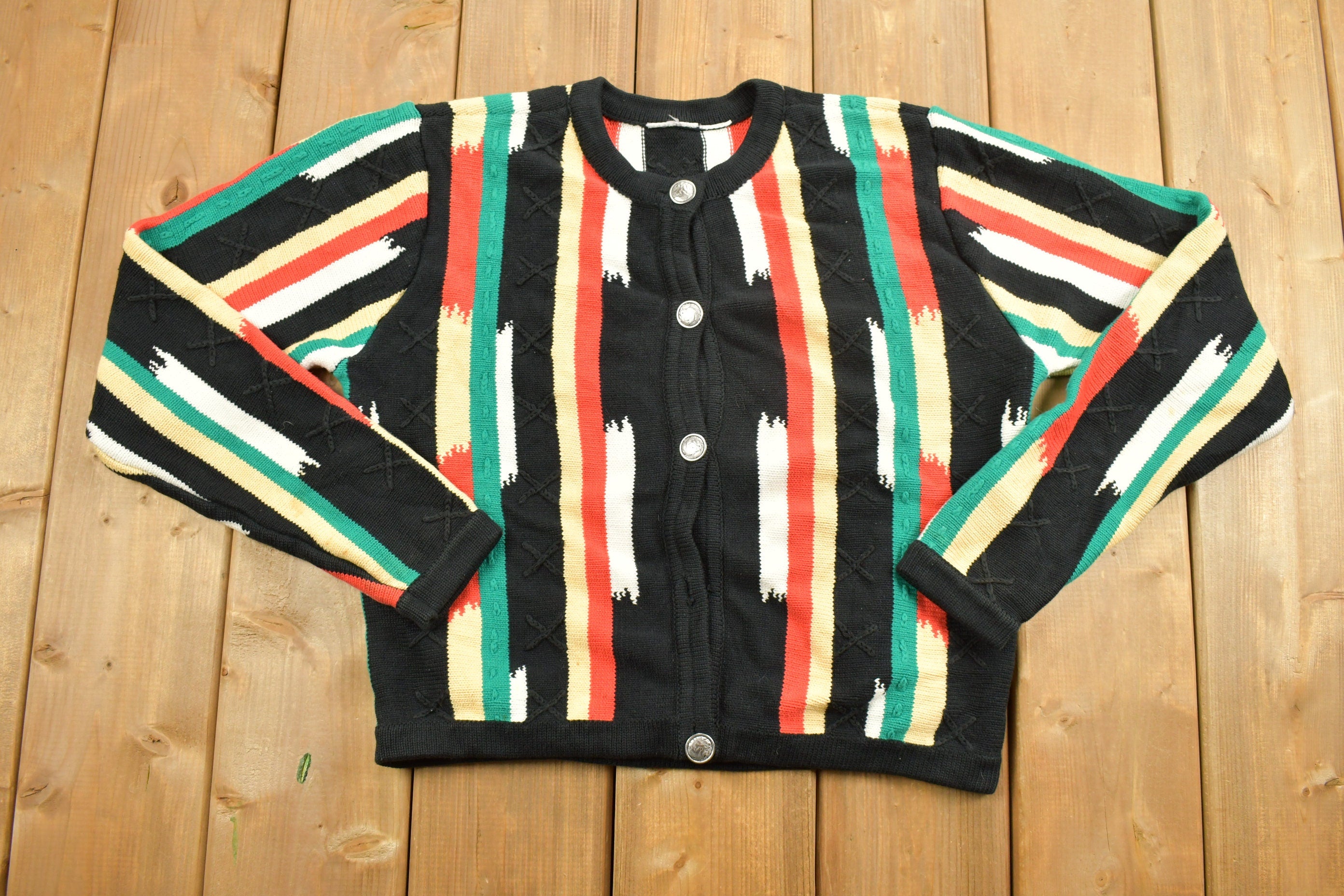 Vintage 1990s Colorful Abstract Knit Cardigan Sweater
