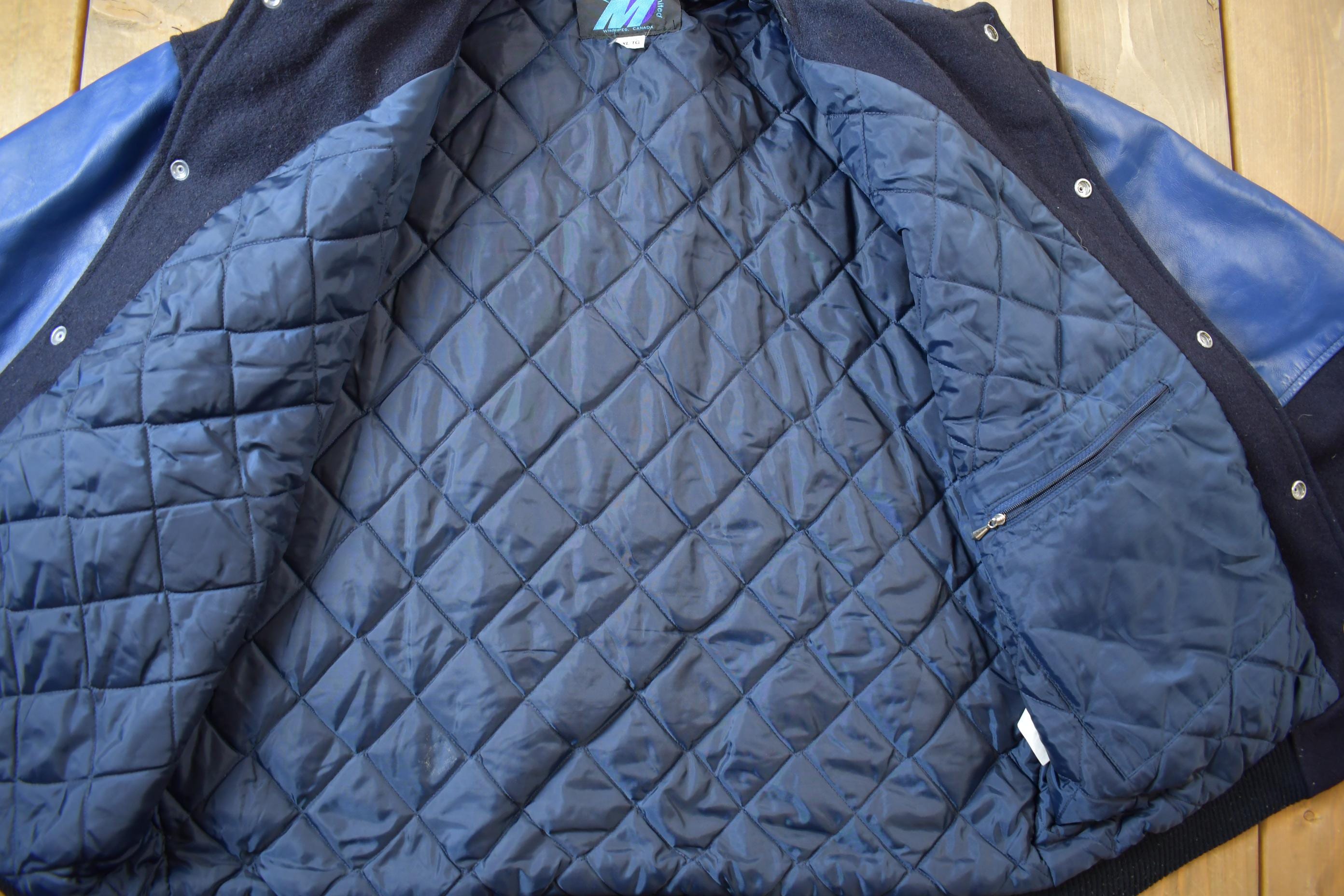 Vintage 1990s Manitoba Hydro Embroidered Logo Leather & Wool Varsity Jacket