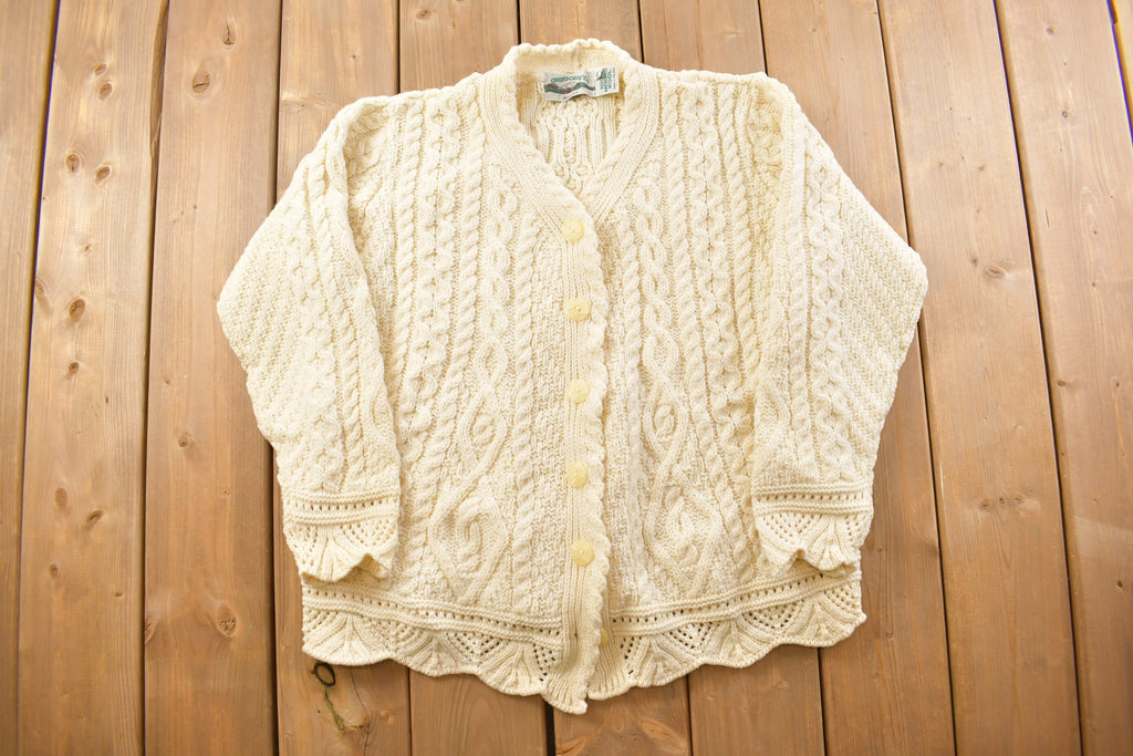 Vintage 1980s Aran Crafts 100% Wool 3D Cable Knit Cardigan Sweater