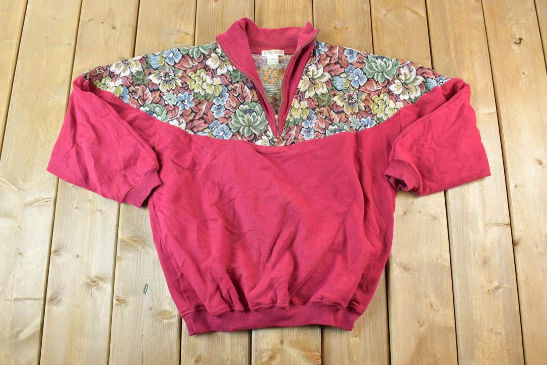 Vintage 1990s Euro Joy Floral Embroidered Quarter Zip Crewneck Sweatshirt